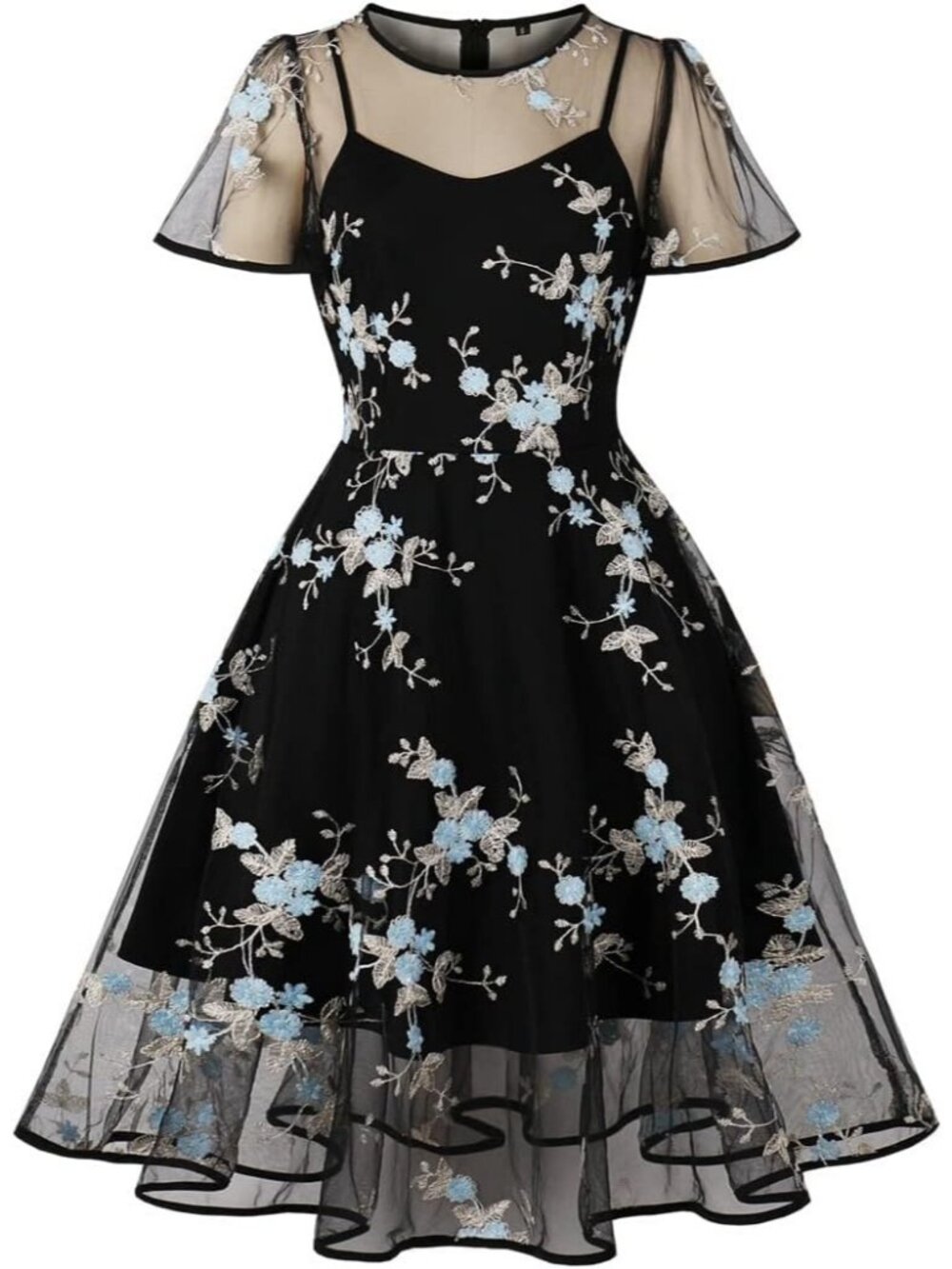 Women's Black Contract Sleeve Floral Embroidery Vintage Cocktail A-Line Dress